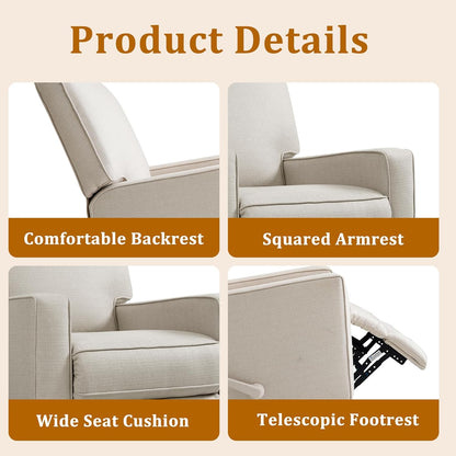 Swivel Rocker Recliner Chair for Adults, High Back Fabric Recliner with Deep Seat, Manual Glider for Living Room & Nursery, Grey