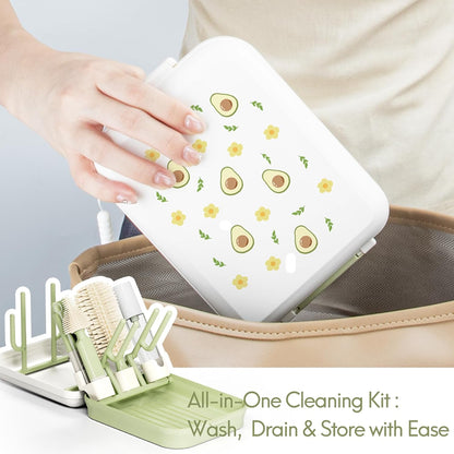 Portable Baby Bottle Cleaning Brush Travel Set with Drying Rack & Silicone Brush - Compact Travel Bottle Brush for Infant Care, Pomelo Orange