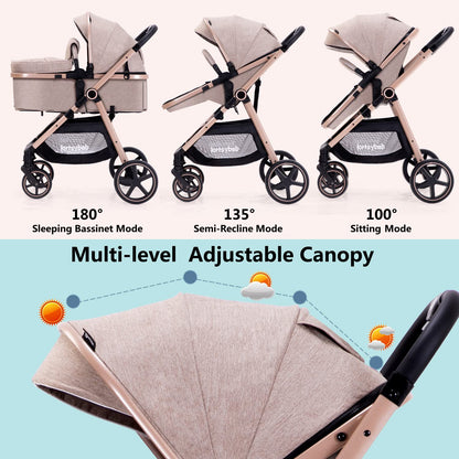 Lortsybab 2-in-1 Baby Stroller - Folding Infant Newborn Pram Stroller with Reversible Seat - Toddler Strollers for 0-36 Months Old Babies (Pink)
