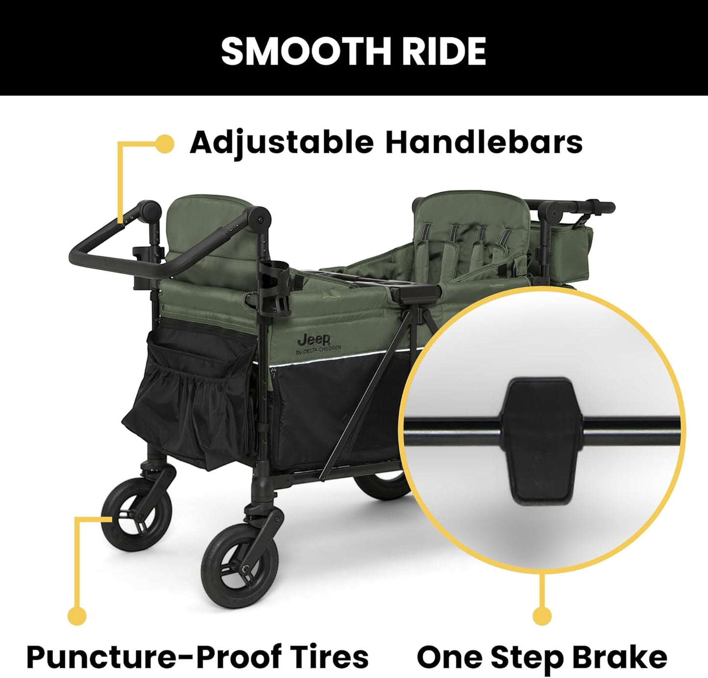 Jeep Wrangler Deluxe 4 Seater Stroller Wagon by Delta Children - Premium Quad Stroller Wagon for 4 Kids with Convertible Seats, Adjustable Push/Pull Handles, Removable Canopy & Flat Fold, Grey