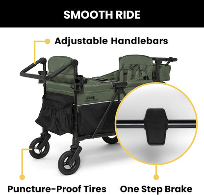 Jeep Wrangler Deluxe 4 Seater Stroller Wagon by Delta Children - Premium Quad Stroller Wagon for 4 Kids with Convertible Seats, Adjustable Push/Pull Handles, Removable Canopy & Flat Fold, Grey