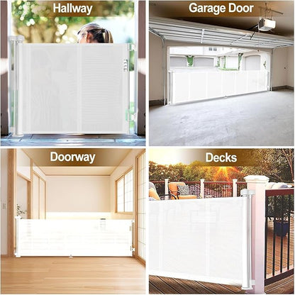 Miumoon 100 inch Retractable Baby Gates 34 inch Tall, Retractable Gate with Reinforced Strip Design to Prevent Crawling Through, 8 FT Extra Wide Retractable Dog Gate for Indoor/Outdoor