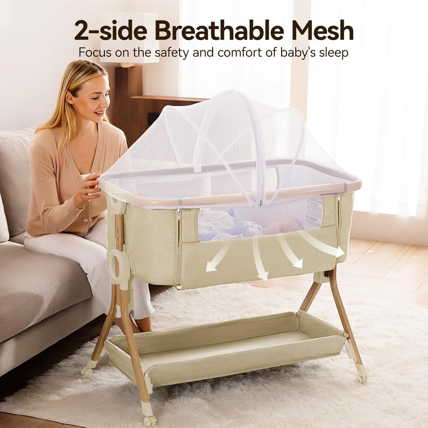 Larex Baby Bassinet Bedside Sleeper Crib Co Sleeper for Newborn Infant Toddler with Mosquito Net, Storage Bag & Basket, 5-Height Adjustable, Movable Wheels, Breathable Mattress & Mesh (Dark Gray)