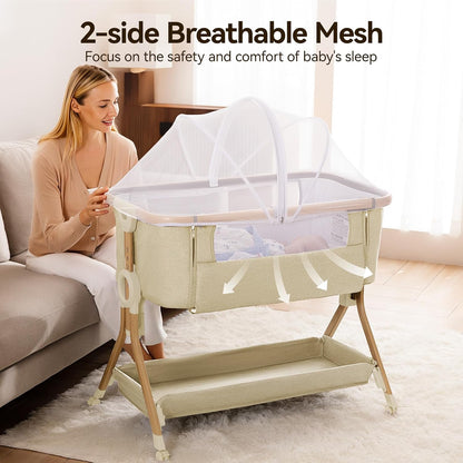 Larex Baby Bassinet Bedside Sleeper Crib Co Sleeper for Newborn Infant Toddler with Mosquito Net, Storage Bag & Basket, 5-Height Adjustable, Movable Wheels, Breathable Mattress & Mesh (Dark Gray)