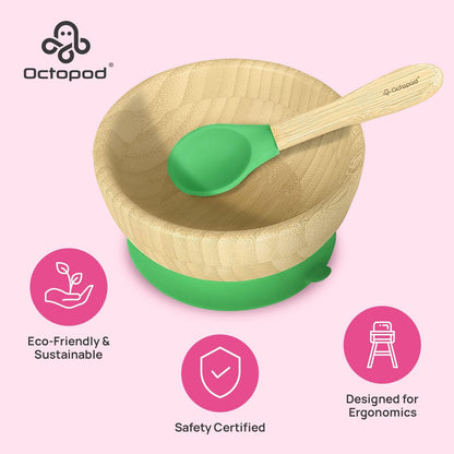 Abiie Octopod Bamboo Baby Bowl Set for 4 Months and Up – Mess-Free High Chair Suction Bowl with Spoon for Toddlers and Kids - Ergonomic Baby Feeding Essentials - 5.7" x 3" x 5.7" - Pink