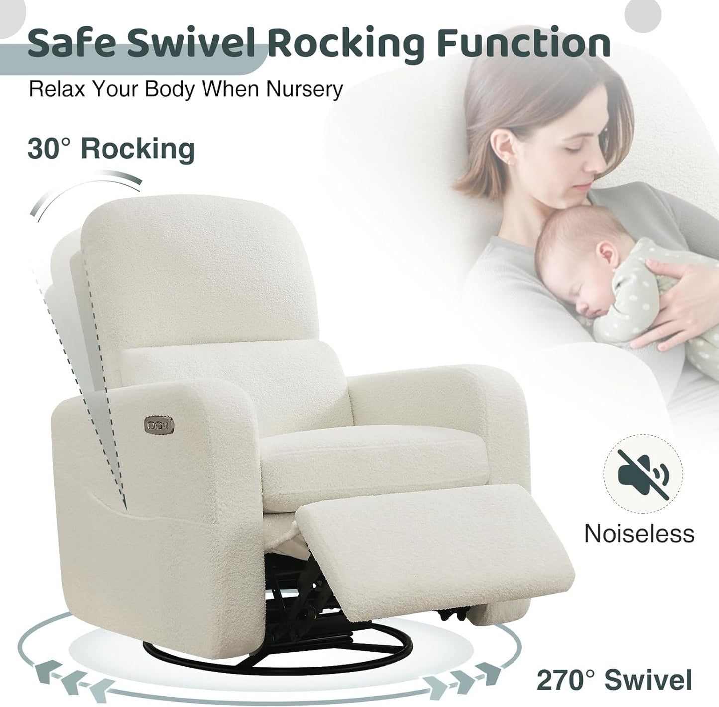 Swivel Rocker Recliner, Oversized Boucle Glider Recliner Nursery, Manual Swivel Rocking Reclining Chairs with Removable Cushion and Lumbar Support for Nursery Living Room Bedroom, Teddy White