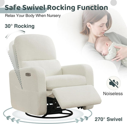Swivel Rocker Recliner, Oversized Boucle Glider Recliner Nursery, Manual Swivel Rocking Reclining Chairs with Removable Cushion and Lumbar Support for Nursery Living Room Bedroom, Teddy White