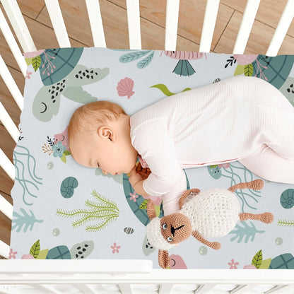 Fitted Crib Sheets Turtle Sea Horse Stretchy Portable Playard Sheets for Baby Toddler, Breathable Soft Mini Crib Mattress 39 x 27 in for Boys and Girls