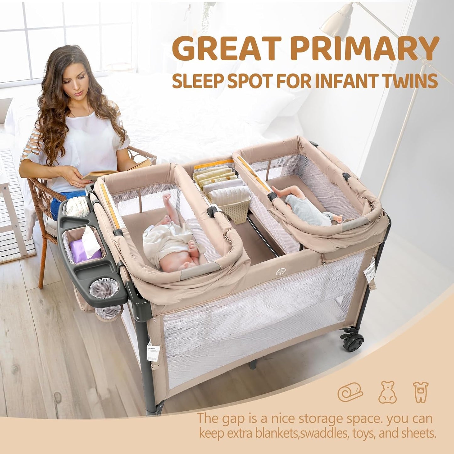 JOYMOR Twin Bassinet for Baby, Beige Bedside Bassinet, Convertible to Bedside Sleeper and Playpen, with Wheel, Brake, Foldable Side Sleeper,Beige