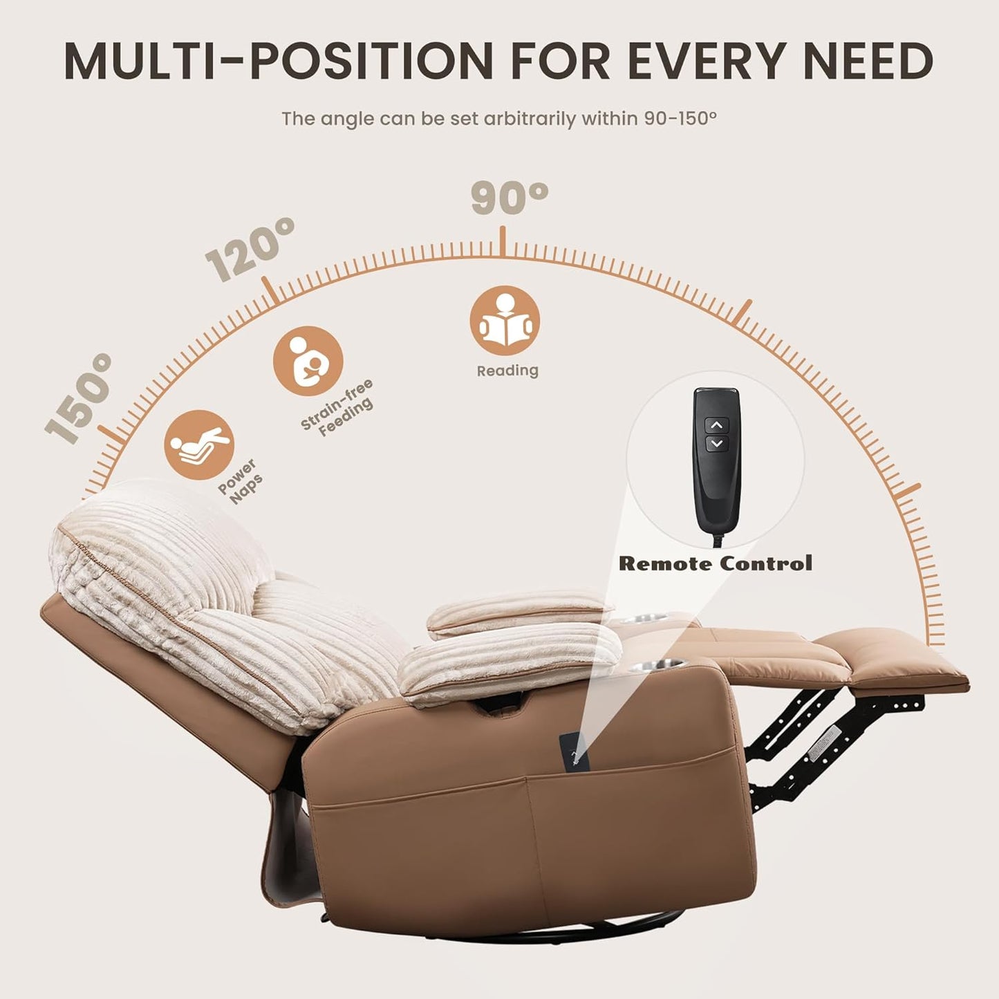 GRAINELL Oversize Power Swivel Recliner, 40in Wide Electric Glider Rocking Chair with Headrest Adjustment, USB Port, 270° Swivel, Rock 30° – for Living Room, Nursery, Black (5" 7' to 6" 1' Height)
