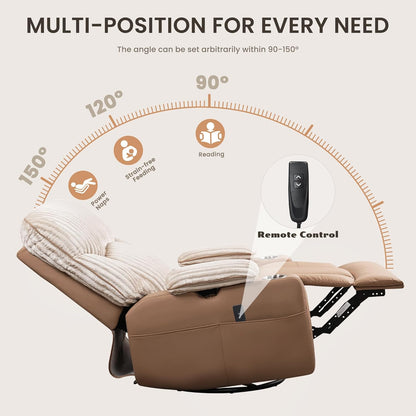 GRAINELL Oversize Power Swivel Recliner, 40in Wide Electric Glider Rocking Chair with Headrest Adjustment, USB Port, 270° Swivel, Rock 30° – for Living Room, Nursery, Black (5" 7' to 6" 1' Height)