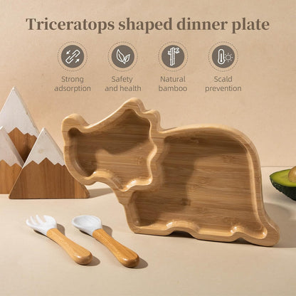 HBM Bamboo Baby Plate Set with Suction - Dinosaur Divided Toddler Dishes with Matching Fork & Spoon | Natural Wood Stay-Put Feeding Set for Infants & Kids (Marble Texture Not Stains)