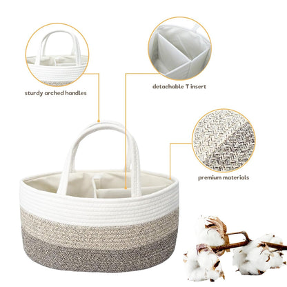 luxury little Diaper Caddy Organizer, Large Cotton Rope Nursery Baby Basket, Changing Table Organizer for Baby Diaper Storage, Portable Car Organizer Removable Divider (Off White, Large)