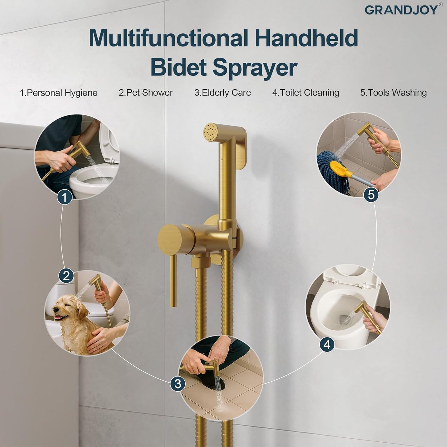 Brushed Gold Hot & Cold Handheld Bidet Sprayer for Toilet, Adjustable Water Pressure Control, 47-Inch Stainless Steel Hose Wall Mount Bidet Faucet for Feminine Wash & Cloth Diaper