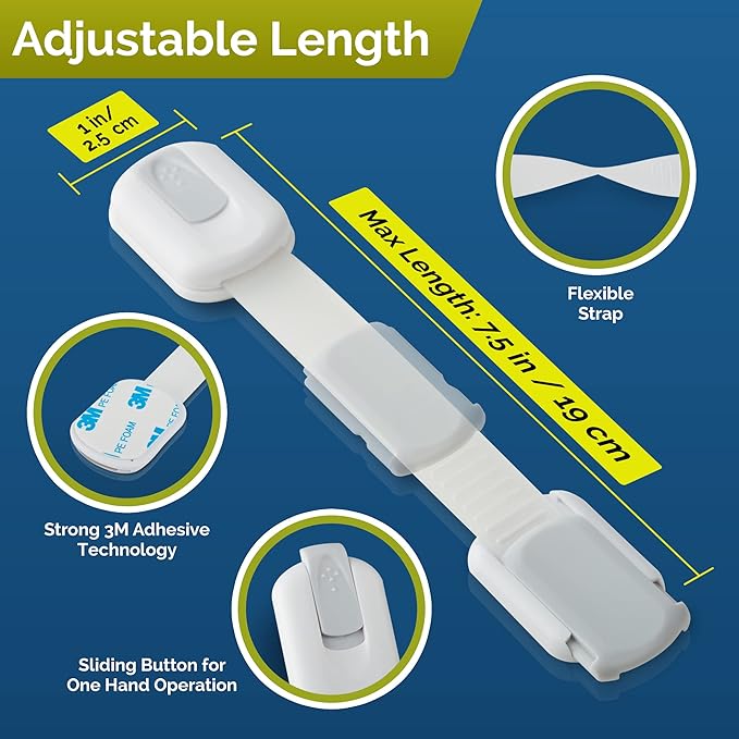 Child Safety Strap Locks (4-Pack) Baby Locks for Cabinets and Drawers, Toilet, Fridge & More. 3M Adhesive Pads. Easy Installation. (White/Gray)