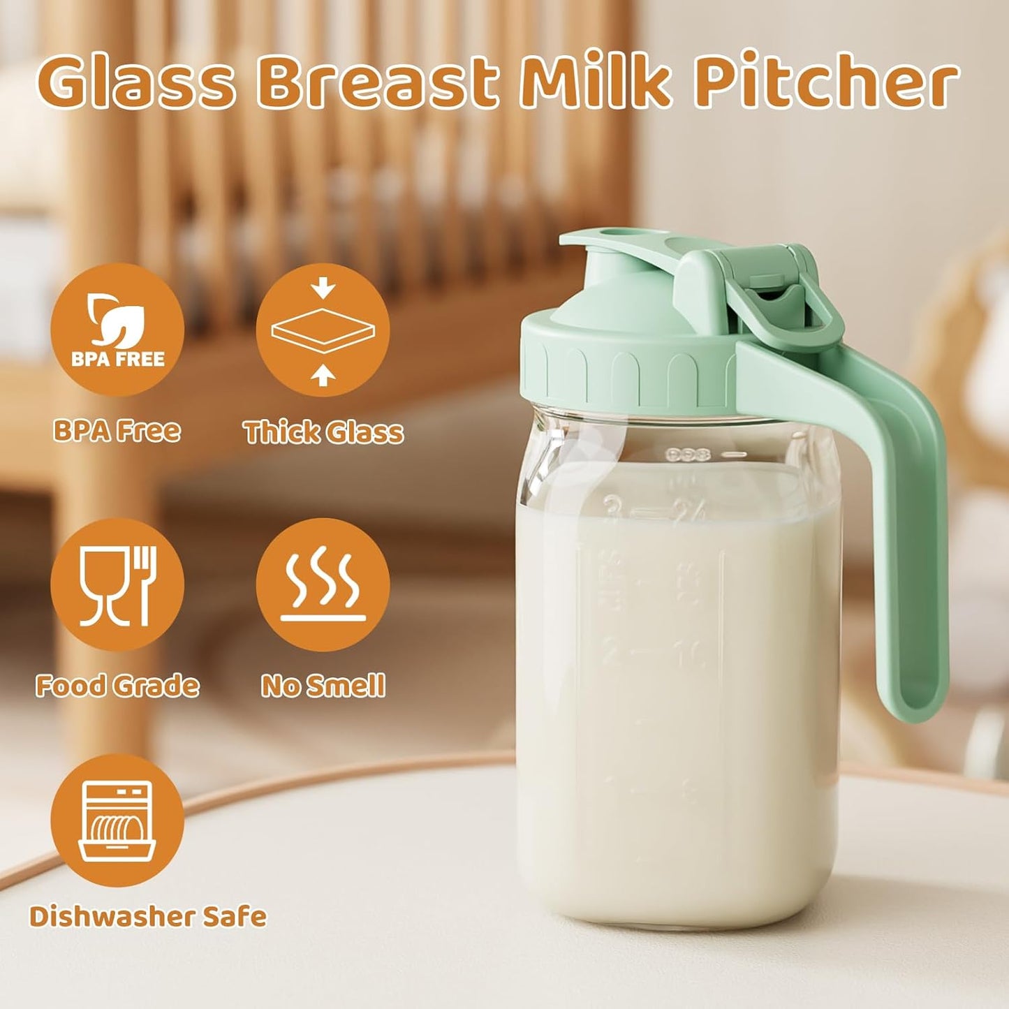 OneDream Breast Milk Pitcher 32oz Glass Pitcher with Lid, Formula Pitcher Leakproof Drip-Free Spout, Wide Mouth Mason Jar Pitcher for Easy Pouring, Dishwasher Safe Breastmilk Storage Pitcher