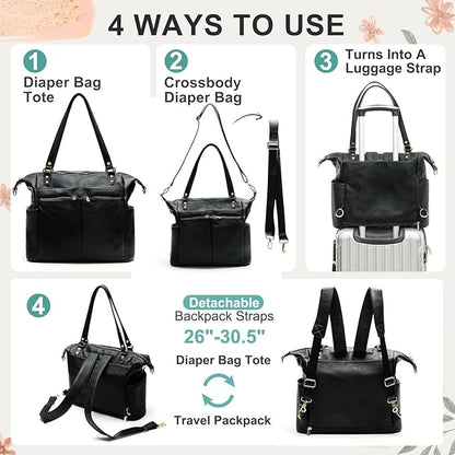MOMINSIDE Diaper Bag Tote, Leather Diaper Bag Backpack with 13 Pockets, Convertible Baby Bag for Boys Girls, Baby Registry, Changing Pad, Large 4 Insulated Pockets(Black)