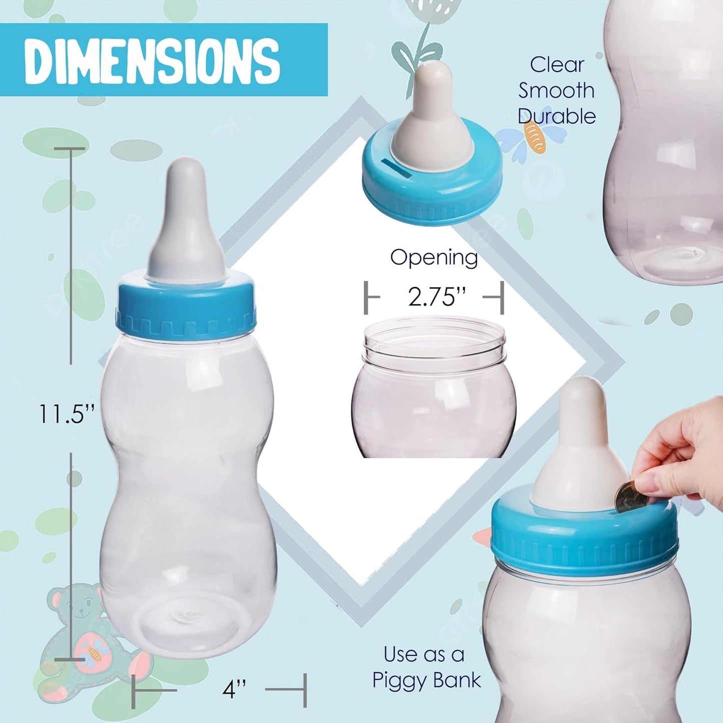 Evershine Plastic Baby Bottle Bank, 13" Blue Fillable Baby Shower Bank, Plastic Jumbo Baby Favor Bottle Centerpiece