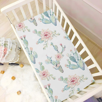 Fitted Crib Sheets Cactus and Floral Stretchy Portable Playard Sheets for Baby Toddler, Breathable Soft Mini Crib Mattress 52 x 28 in for Boys and Girls