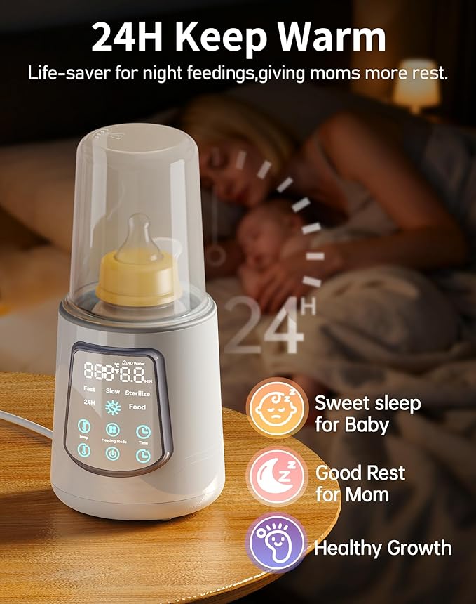 12 in 1 Fast Baby Bottle Warmer with Even Heating No Hot Spots, Night Mode, Sterili-zing,Constant Temp Milk Warmer for Breastmilk & Formula, Fits All Bottles Lt-Gray