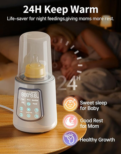 12 in 1 Fast Baby Bottle Warmer with Even Heating No Hot Spots, Night Mode, Sterili-zing,Constant Temp Milk Warmer for Breastmilk & Formula, Fits All Bottles Lt-Gray