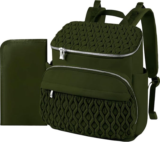 Baby Diaper Bag Backpack, Expandable Baby Bag for Girl Boy, Travel Diaper Backpack with Insulated Pocket, Changing Pad, Quilted Diaper Bag for Mom Dad, Newborn Baby Essentials Army green
