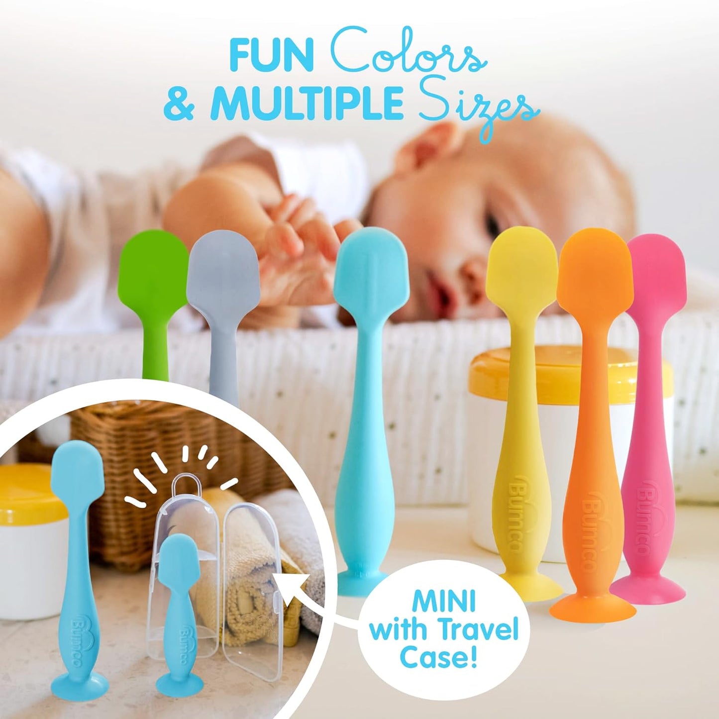 Bumco Mini Baby Diaper Cream Spatula with Case - BPA-Free Silicone Diaper Spatula with Suction Cup, Wipe-Clean Baby Bum Brush, Mom-Invented Butt Paste Applicator (Blue)