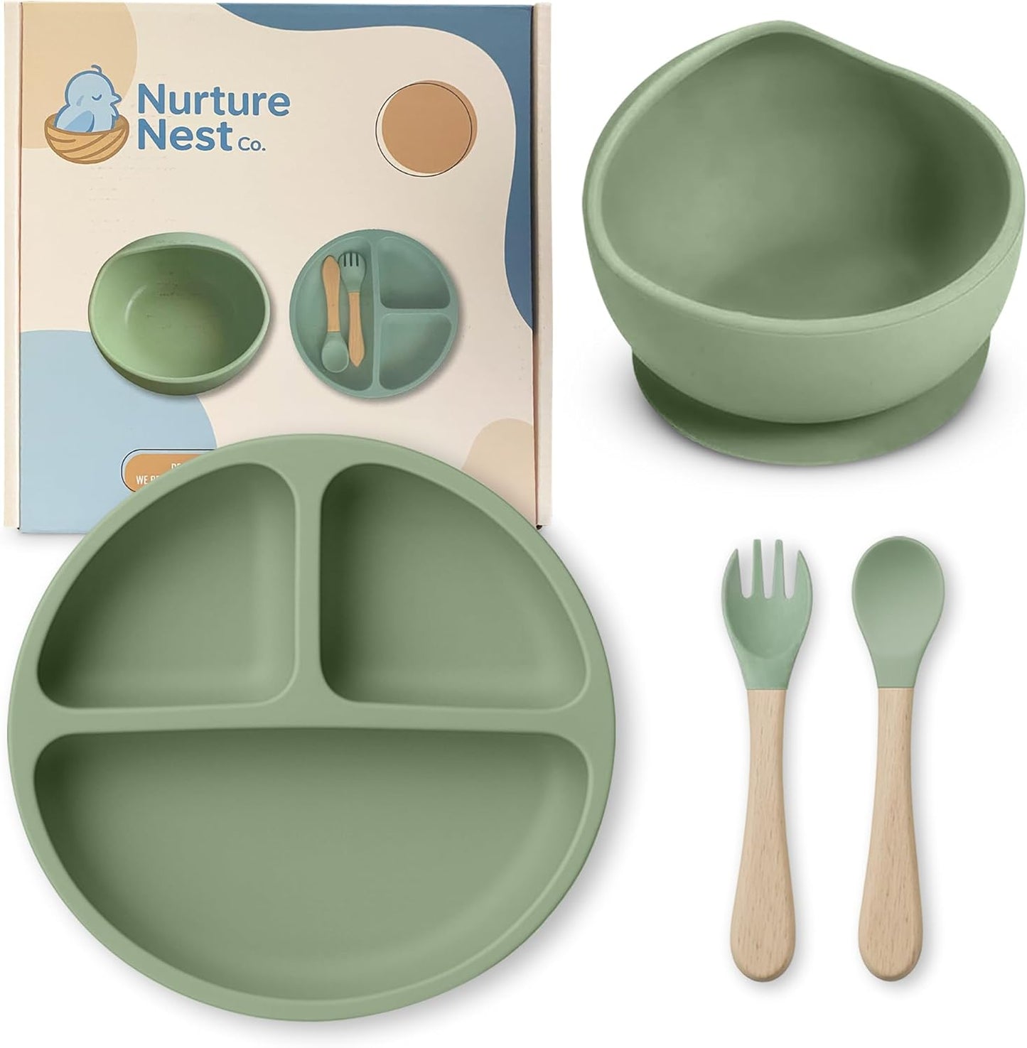 NurtureNest Silicone Toddler Feeding Set – Suction Plate & Bowl, Toddler Spoon & Fork, BPA-Free, Dishwasher Safe, Microwave Safe, Sage Green
