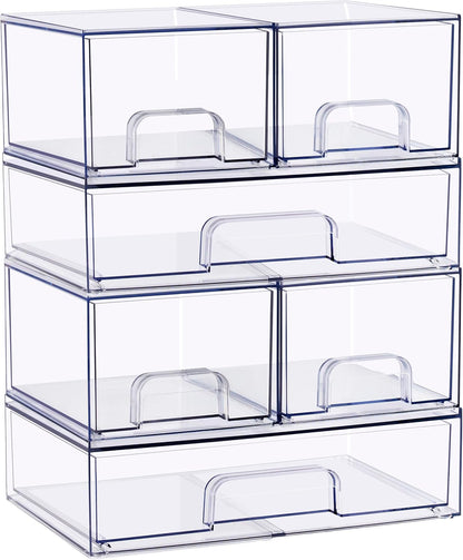 Sorbus Stackable Acrylic Storage Drawers – 2 Small + 2 Tall + 1 Wide – 5 Pack Clear Plastic Organizer Bins for Baby Bottles, Makeup, Bathroom & Vanity, Pull-Out Drawer Design for Kitchen Cabinets