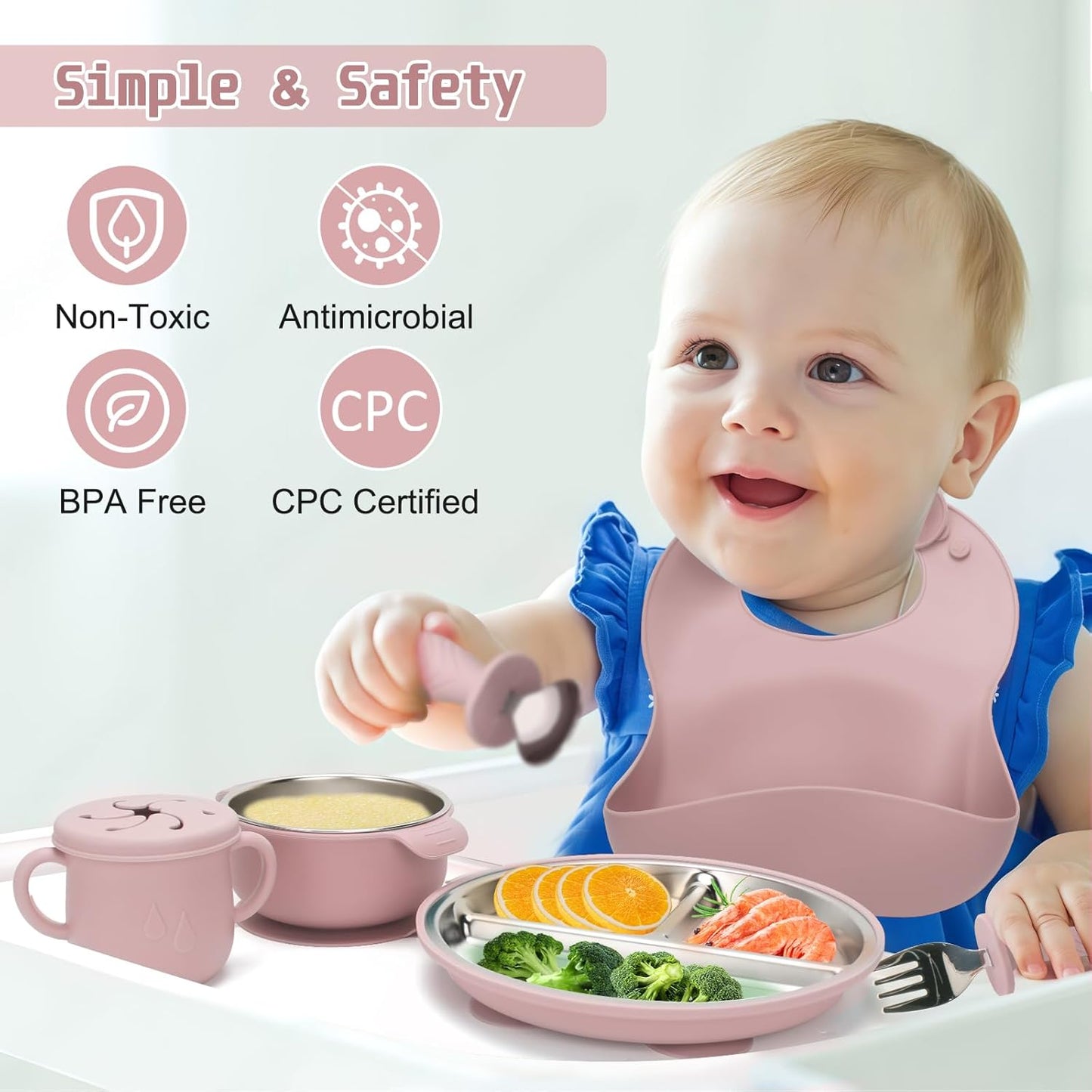 MISSLILI Stainless Steel Kids Plates and Bowls Set with Suction, Divided Baby Plate and Toddler Bowl with Removable Silicone Suction,Stainless Steel Weaning Bundle, Silicone Baby Feeding Set (Pink)