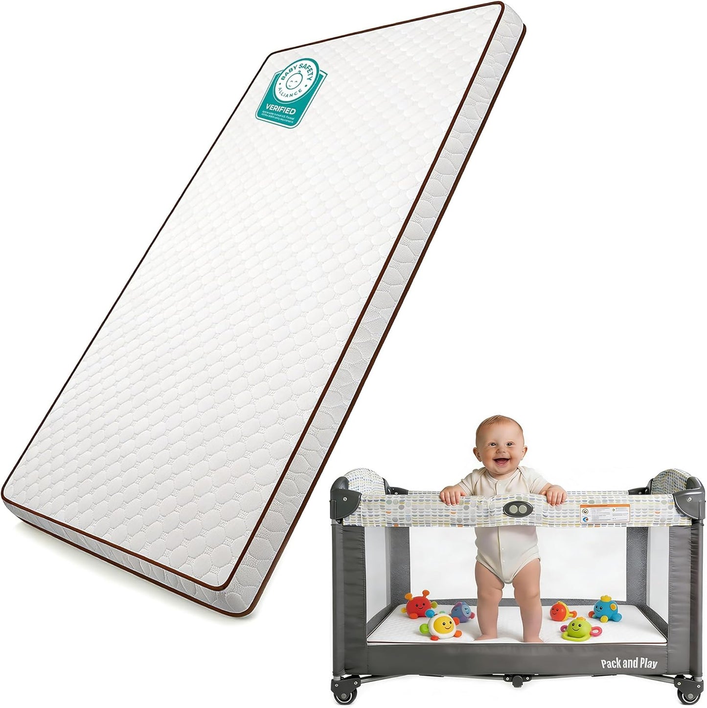 Pack and Play Mattress 38"x26" Playard Baby Pad for Pack n Play, No Gap Safer 3D Piped Edge, 1.5" Thick Medium Firm, Breathable Waterproof Washable Cover, White