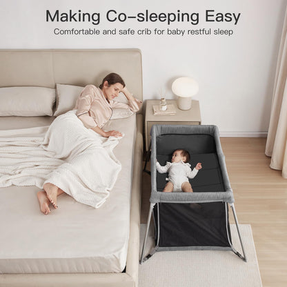 Gromast 2 in 1 Portable Travel Crib for Toddler, Foldable Crib for Baby, Lightweight Playpen Collapsible Playard with Soft Mattress, Easy to Carry Baby Travel Bed for Outdoor, Indoor (Grey)