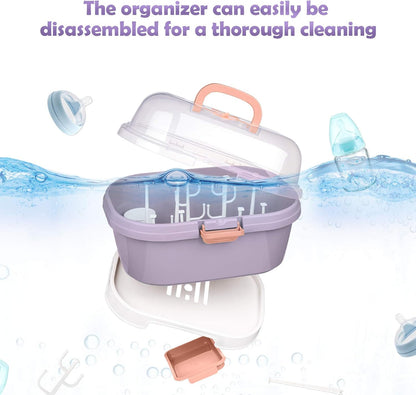 NiHome Portable Baby Bottle Drying Rack with Anti-Dust Lid, Cutlery Organizer and Drain Board - Easy-Carry Handle for Home, Kitchen, Travel and Outdoors (Pink)