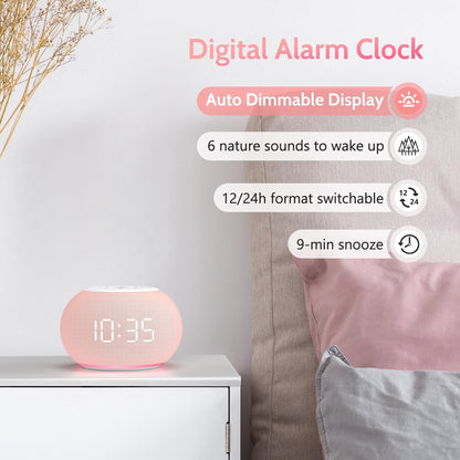 Reacher Auto-Dimmable Alarm Clock White Noise Machine with Night Light, 20 Soothing Sounds, Sleep Timer, Fabric LED Display, Precise Volume Control, Small Sound Machine for Nursery, Baby