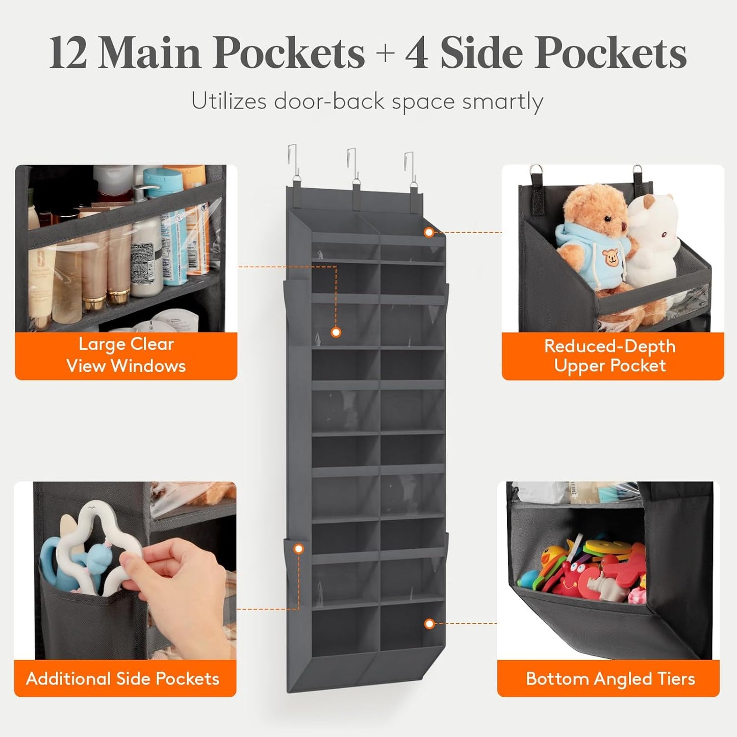 Lifewit 1 Pack Over the Door Organizer, 5 Section Clear Window Hanging Storage with 4 Side Pockets, Sturdy Anti Tilt 40 lbs Load Behind Door for Closet, Bedroom, Bathroom, Nursery, Dorm, Gray