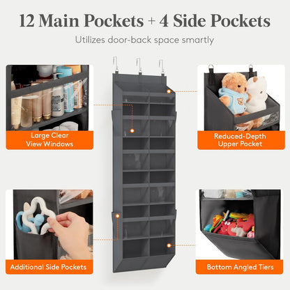 Lifewit 1 Pack Over the Door Organizer, 5 Section Clear Window Hanging Storage with 4 Side Pockets, Sturdy Anti Tilt 40 lbs Load Behind Door for Closet, Bedroom, Bathroom, Nursery, Dorm, Gray