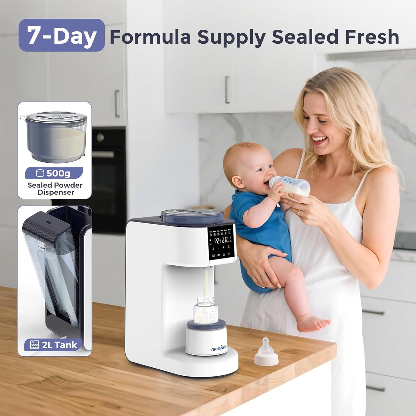 Momfann Formula Maker Pro, 2-Minute Quick Mix Baby Formula Dispenser, One-Touch Automatic Milk Maker, 3 Formula Temps + 4 Hot Water Choice, 2L Tank & Sealed Powder Container for Clump-Free Formula