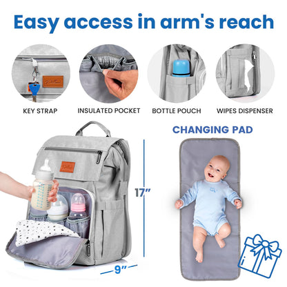 PILLANI Baby Diaper Bag Backpack - Large Waterproof Travel Diaper Bag for Boys & Girls, 16 Organizer Pockets with Changing Pad, Insulated Bottle Pockets & Stroller Straps, Baby Shower Gifts, Dinosaur
