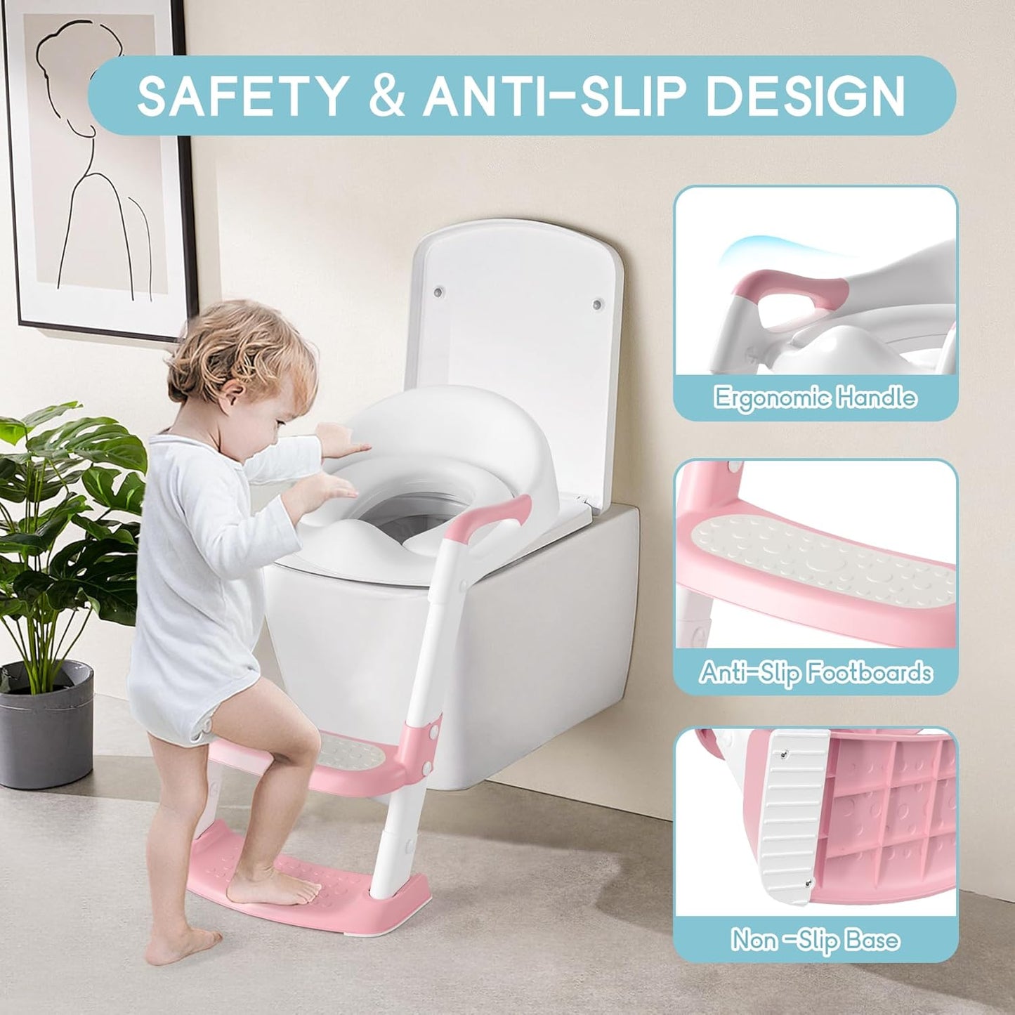 COOSEYA Potty Training Toilet with Step Stool Ladder, Toddler Kids Potty Training Seat for Boys Girls, Foldable Anti-Slip Toilet Toddler Seat Splash Guard Soft Cushion Safety Handles (Grey)