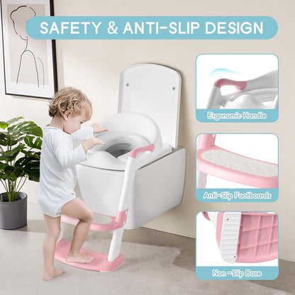 COOSEYA Potty Training Toilet with Step Stool Ladder, Toddler Kids Potty Training Seat for Boys Girls, Foldable Anti-Slip Toilet Toddler Seat Splash Guard Soft Cushion Safety Handles (Grey)
