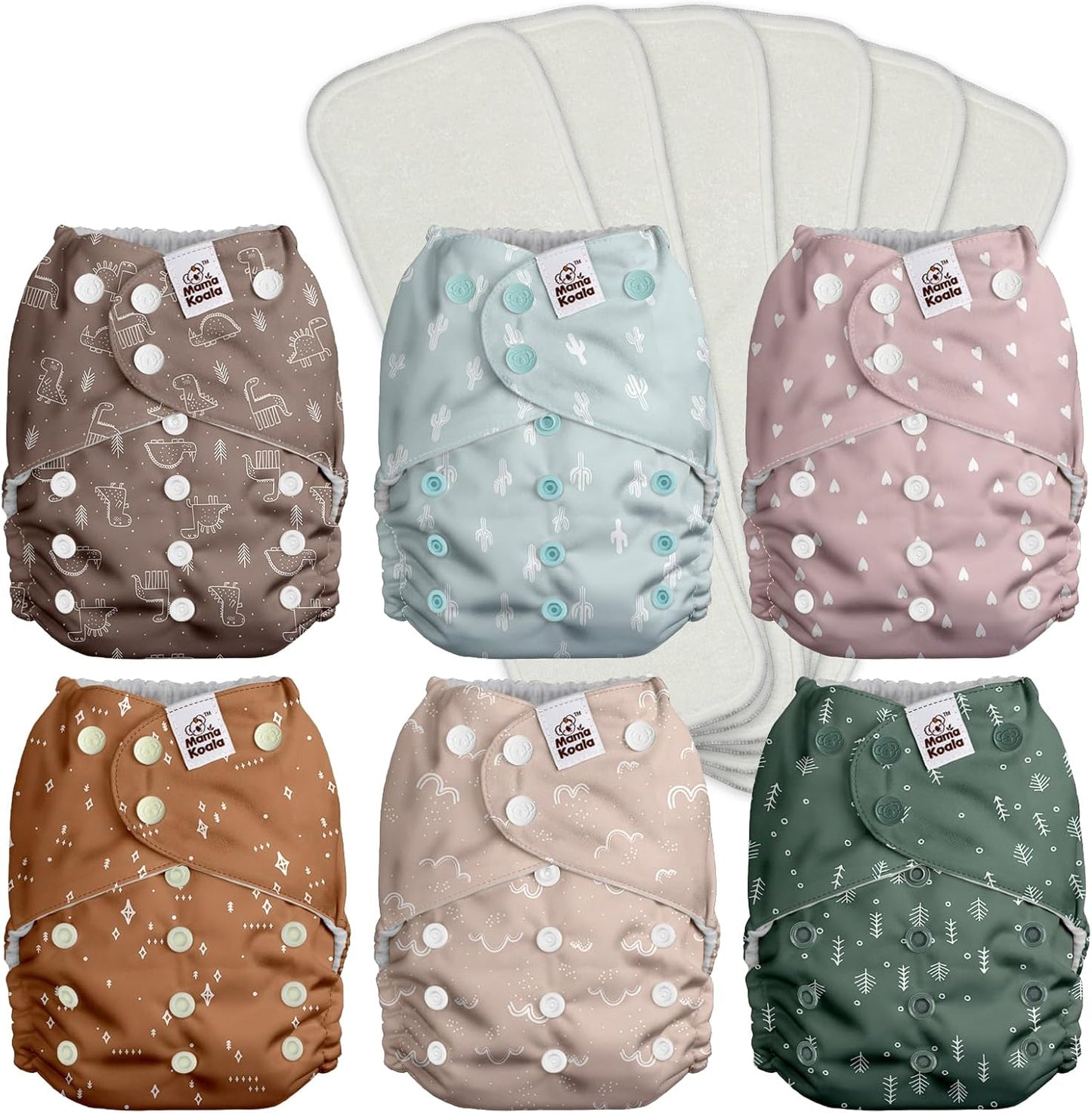 Mama Koala 3.0 Pocket Cloth Diapers for Babies with AWJ Lining, 6 Pack with 6 4-Layer Natural Cloth Diaper Inserts - Reusable and Washable Pocket Diapers(Hardworking Bees) - Colors A