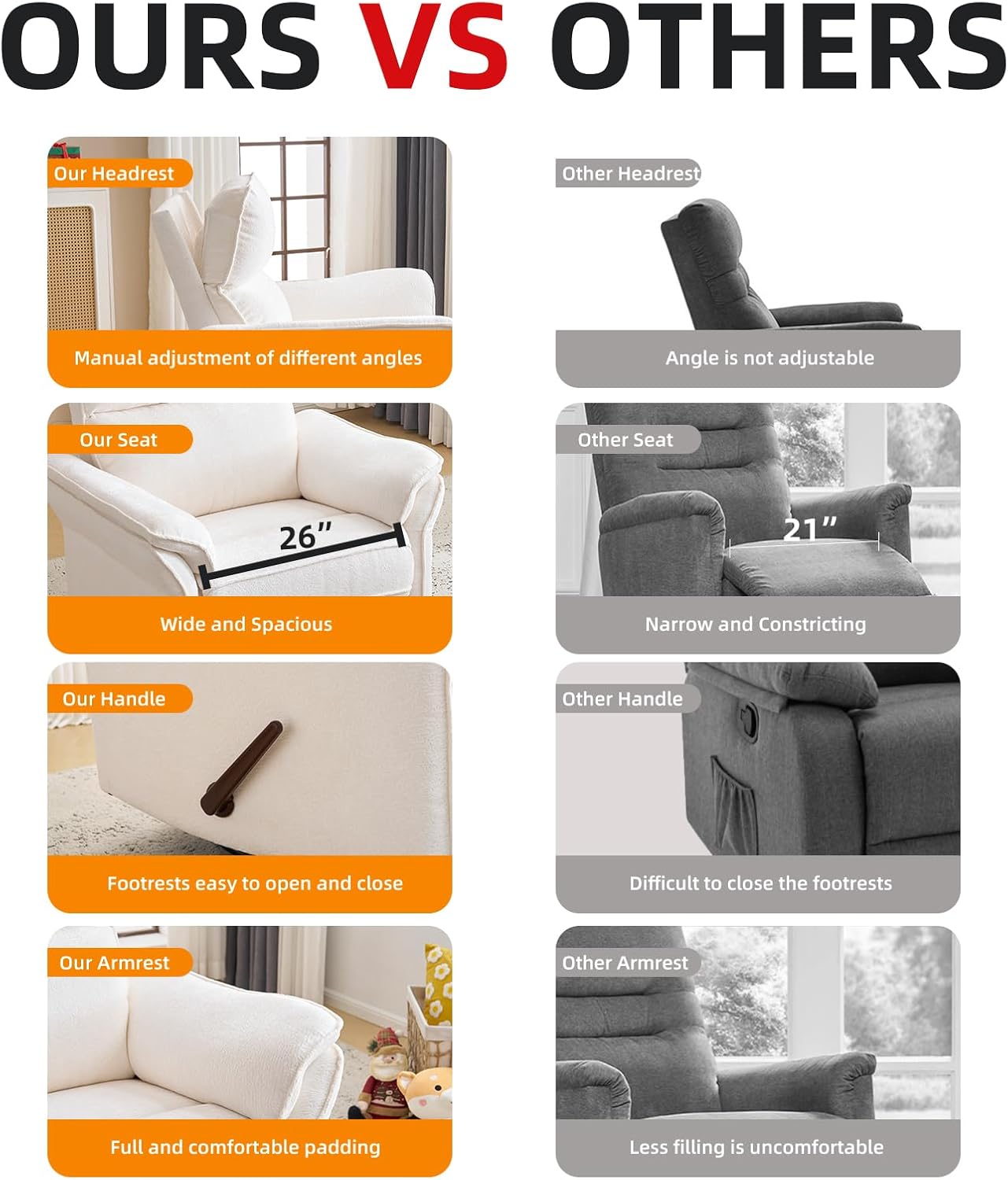 Oversized Glider Rocker Recliner, 26" Extra Wide 360° Swivel Nursery Recliner with Adjustable Headrest, Chenille Rocking Nursery Chair with Overstuffed Armrest, Lumbar Support, Light Grey