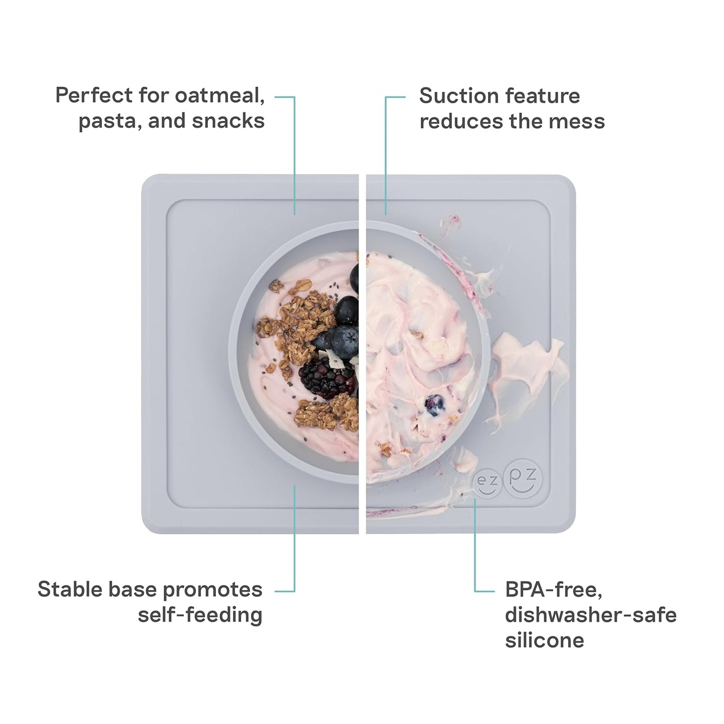 ezpz Mini Bowl (Pewter) - 12 Months+ - 100% Silicone Suction Placemat + Bowl for Toddlers - Comes with a Reusable Travel Bag