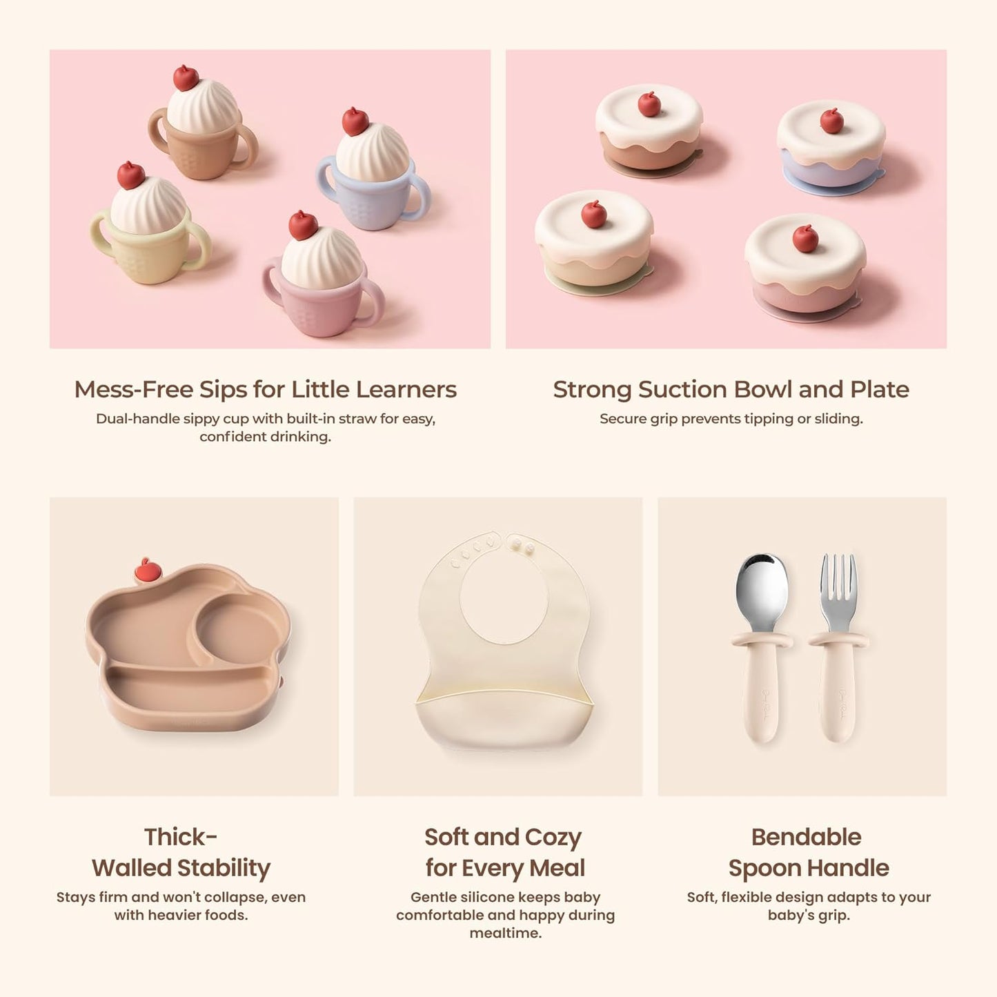 Silicone Baby Feeding Set, Gelato Collection Baby Led Weaning Supplies, First Self-Feeding Ice Cream Set, Silicone Suction Bowl with Cherry Lid & Plate, Straw Cup & Bib, Fork & Spoon - Pink