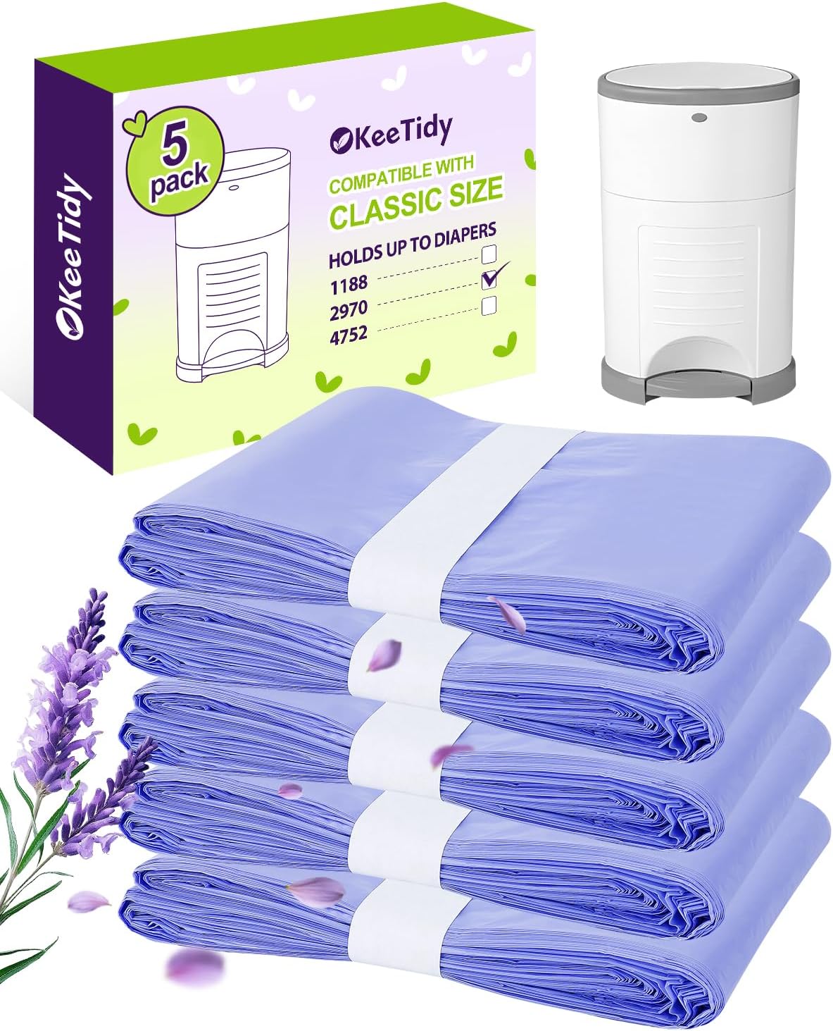 Diaper Pail Refills Compatible with Dekor Classic & Eko Classic, 5 Pack Lavender Scented Diaper Trash Bags, Extra 30% Thickness Leak-Proof Continuous Liners for Nursery & Pet Waste, Holds 2970 Diapers