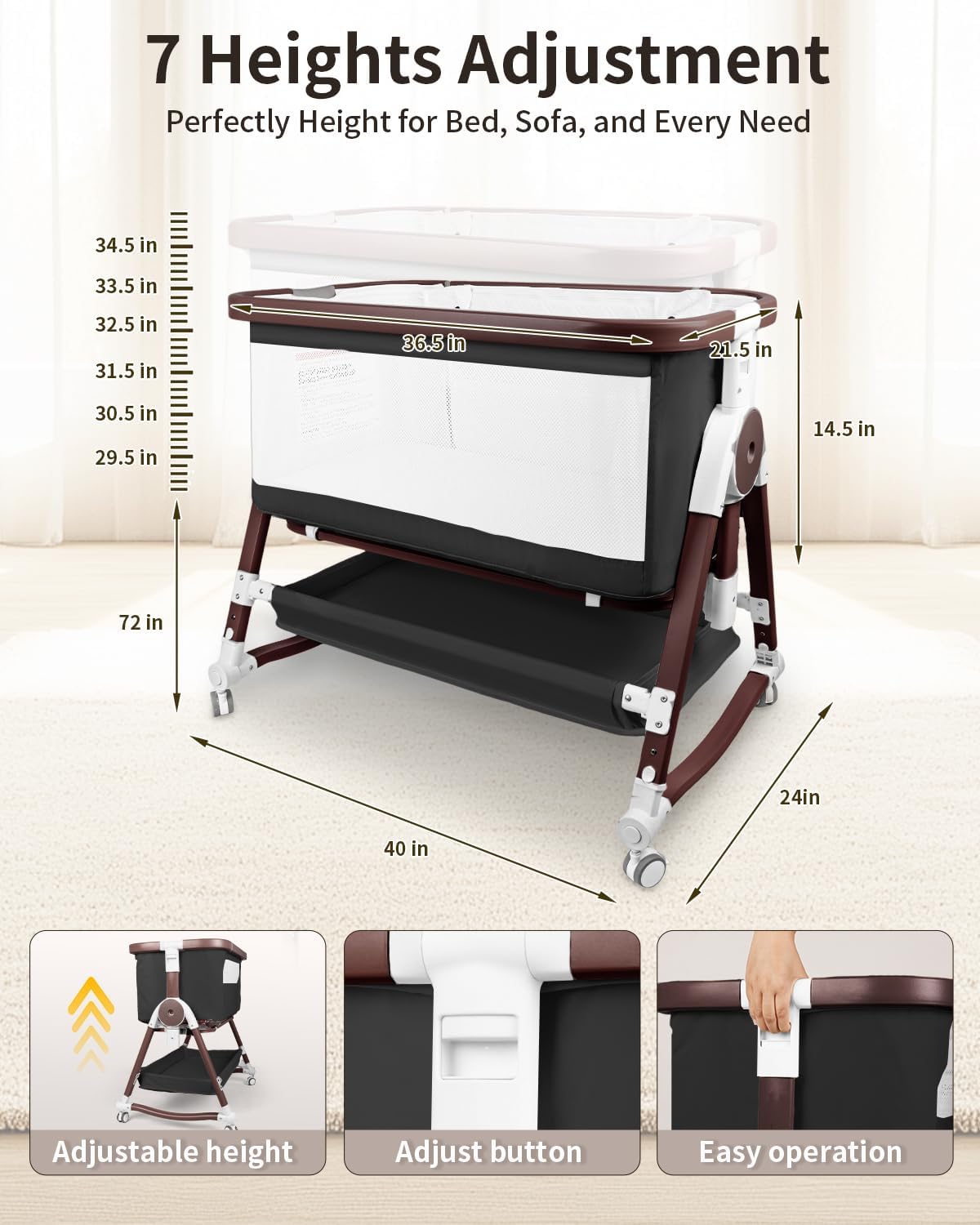 suihuooo 4 in 1 Baby Bassinet, Bassinets Bedside Sleeper with Wheels and Storage Basket, Adjustable 7 Heights Bedside Sleeper with Mosquito Net, Breathable Mesh Rocking Bassinet for Baby