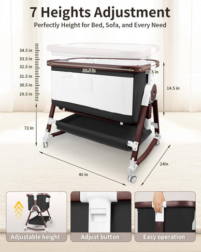 suihuooo 4 in 1 Baby Bassinet, Bassinets Bedside Sleeper with Wheels and Storage Basket, Adjustable 7 Heights Bedside Sleeper with Mosquito Net, Breathable Mesh Rocking Bassinet for Baby