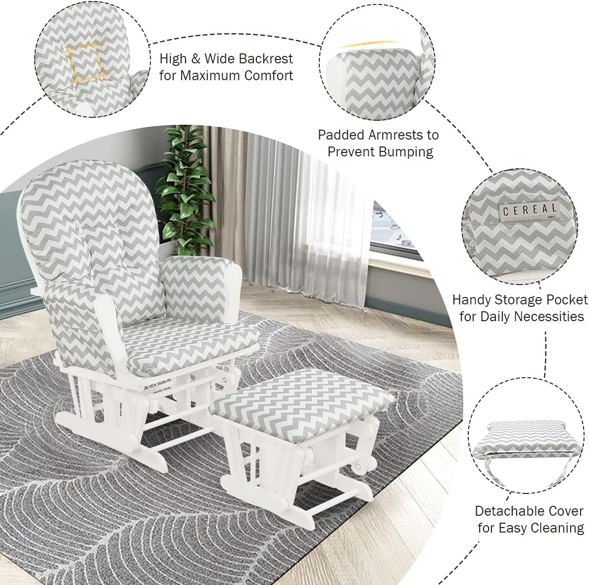 Costzon Nursery Glider with Ottoman, Upholstered Comfort Glider Rocker with Padded Cushion, Storage Pocket, Solid Wood Base, Rocking Chair Nursery for Breastfeeding, Napping (Light Gray)
