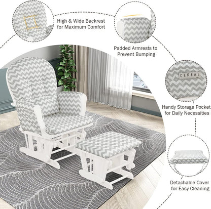 Costzon Nursery Glider with Ottoman, Upholstered Comfort Glider Rocker with Padded Cushion, Storage Pocket, Solid Wood Base, Rocking Chair Nursery for Breastfeeding, Napping (Light Gray)