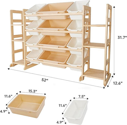 Amdermi Kids Toy Storage Organizer, 52" W White 6-Shelf Bookcase with 12 Bins, Cubby Unit for Toddler Playroom & Bedroom Organization